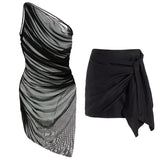 Women Sexy Black Swimsuit Sheer Mesh Pleated One Shoulder One Piece Swimsuit Female Biquini Bathingsuit Bodysuit Beachwear