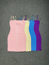 4Colors Women Summer Bandage Dress Spaghetti Strap Slash Neck Stripe Bodycon Mini Short Dress High Street Evening Club Party