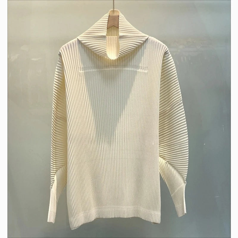 Miyake Casual Stand-up Collar Pullover Sweater Autumn and Winter New Solid Color Loose Pleated Long-sleeved Jacket Women