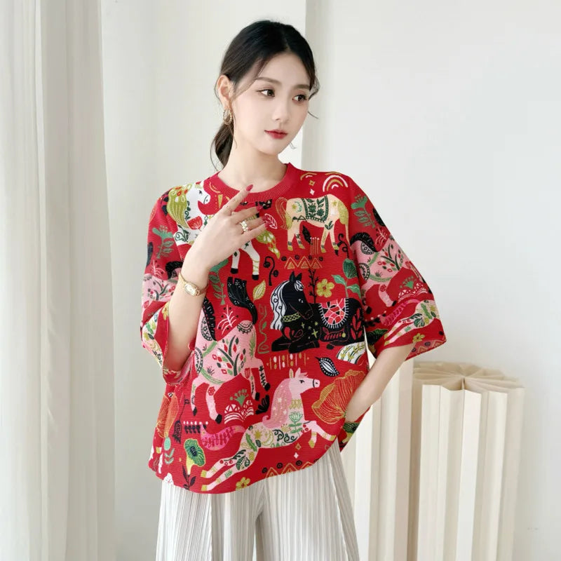 LANMREM High End Whimsical Horse Print Pleated Woemn's T-shirt Half Sleeve Round Neck Loose Fit Lightweight Casual Top 2DB6913