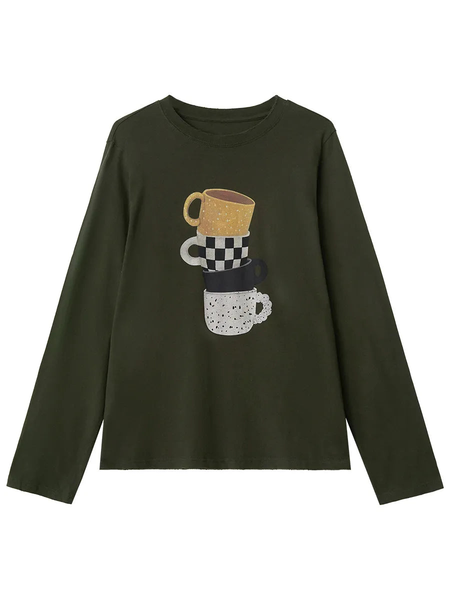 CHIC VEN Women T-Shirts Loose Casual New Retro Mug Print Cotton Long Sleeved Tees Female Top Spring Autumn 2026 Korean Clothing