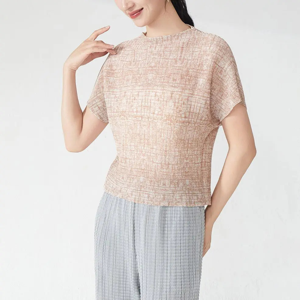 LANMREM Chic Printting Top Women's Elastic Slim Pleated Design Short Sleeve T-shirts 2025 New Stand Collar Pullover Tee 2DB3274