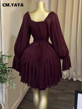CM.YAYA Women Flare Long Sleeve Strapless Halter Pleated Mini Dress 2026 Fall Street Holiday Ruched Tiered Party Evening Dresses