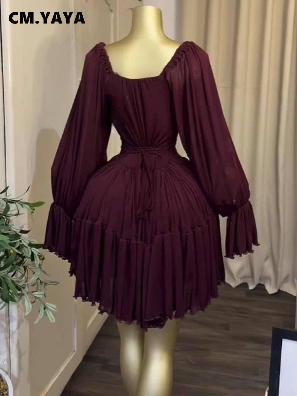 CM.YAYA Women Flare Long Sleeve Strapless Halter Pleated Mini Dress 2026 Fall Street Holiday Ruched Tiered Party Evening Dresses