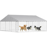Outdoor Dog Kennel, 19.7' x 19.7' x 8.9', Heavy Duty Large Dog Kennel Outside w/Waterproo Roo, Galvanized Chain Link Pet Enclosu