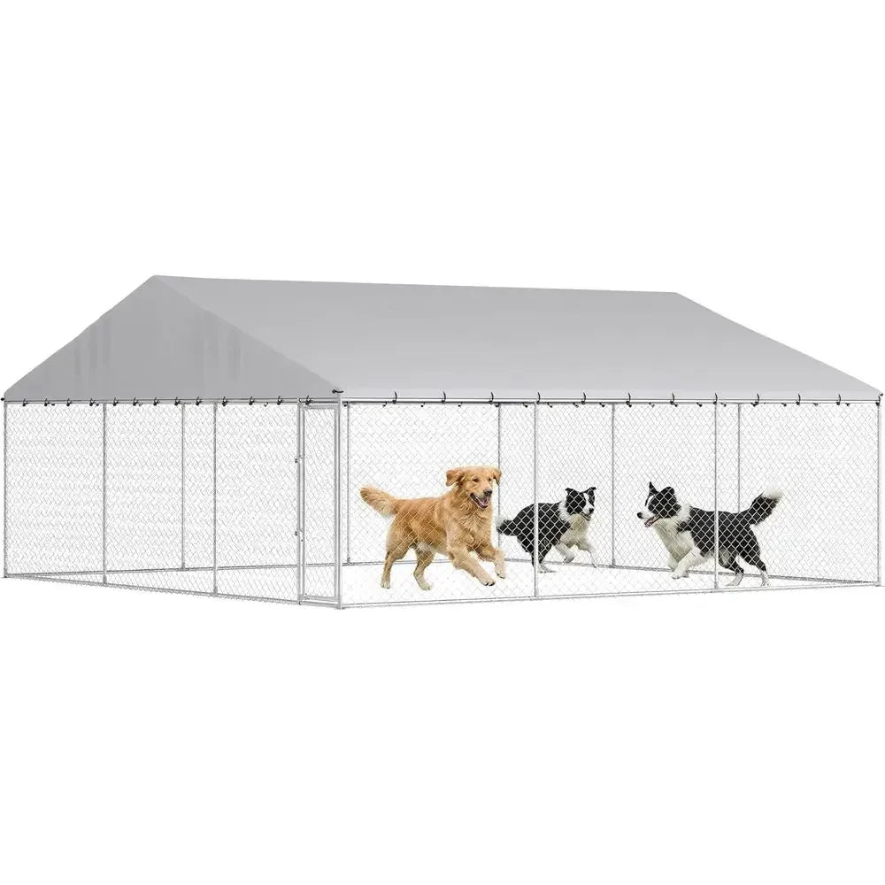 Outdoor Dog Kennel, 19.7' x 19.7' x 8.9', Heavy Duty Large Dog Kennel Outside w/Waterproo Roo, Galvanized Chain Link Pet Enclosu