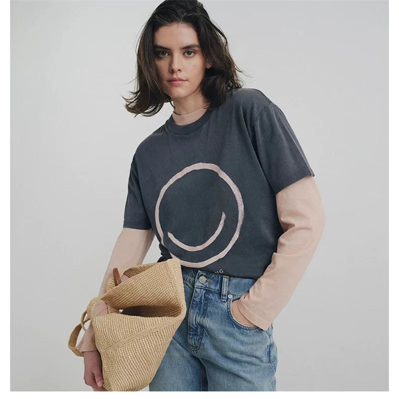 The North America Style Women's Summer 100% Cotton Fashionable Casual Slim Fit Face Printed Round Neck Short Sleeved T-shirt Top