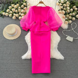 Temperament Robe Femme Party Dresses for Women Gauze Lantern Sleeve Square Collar Beading Split Dress 2025 Vestidos De Mujer