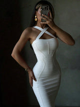 Sexy Halter White Ribbed Midi Bodycon Dress For Women Bandage Dress Elegant Night Out Evening Cocktail Party Dress Summer