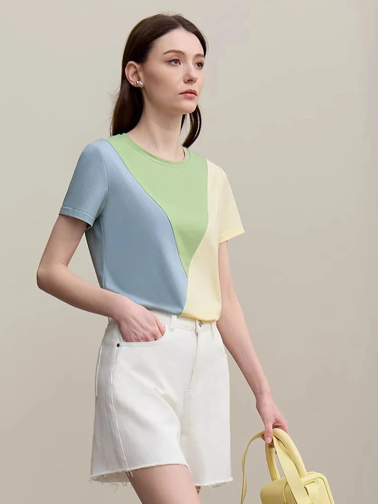 Amii O-Neck Women's T-Shirt 2026 Summer New Stretch Cotton Tee Color Block Versatile Casual Straight Short Sleeve Tops 12622177