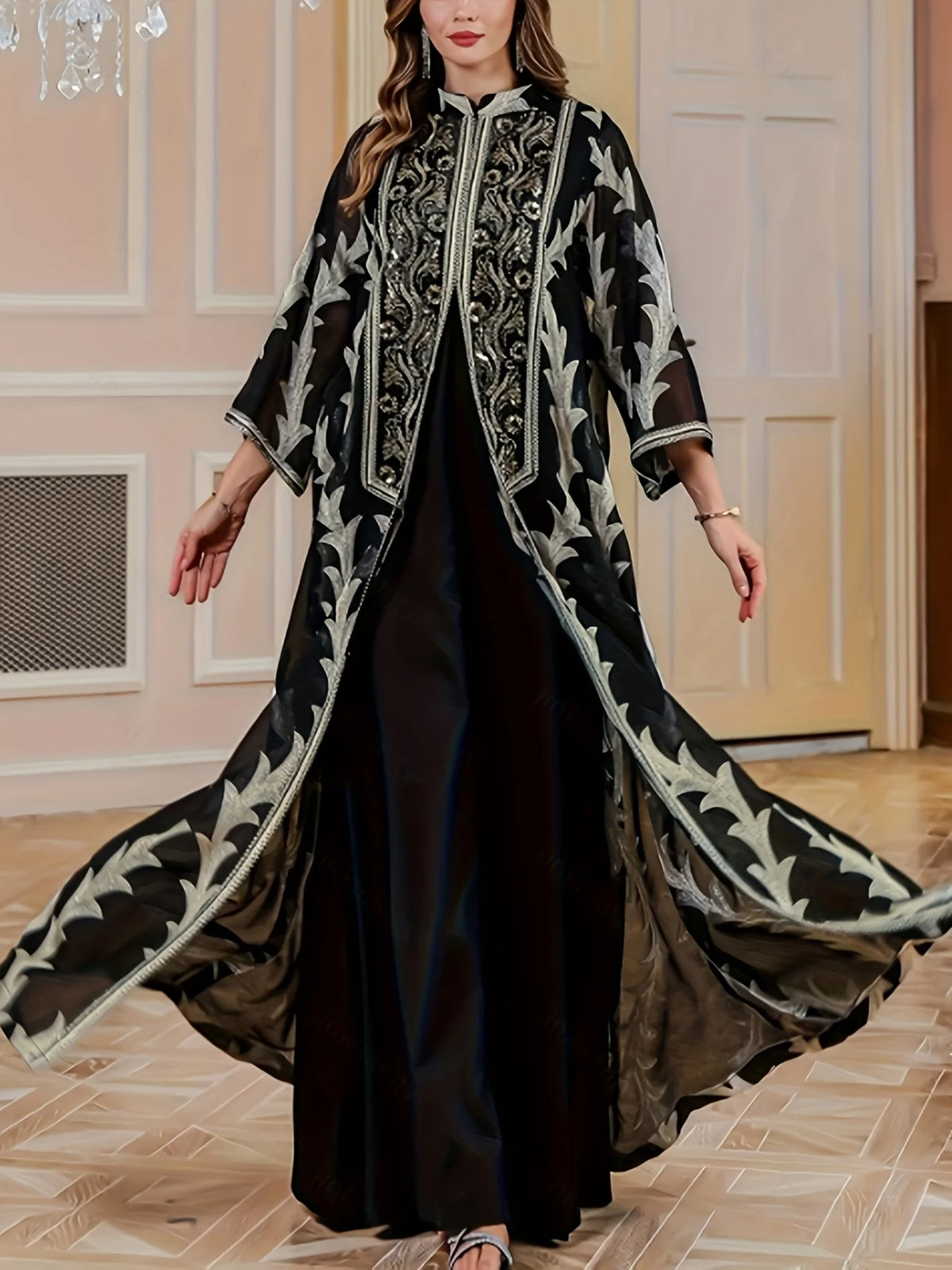 Middle East Women's Beaded Embroidery Long Robe Muslim Open Front Mesh Cover up Dubai Saudi Traditional Long Sleeve Dress
