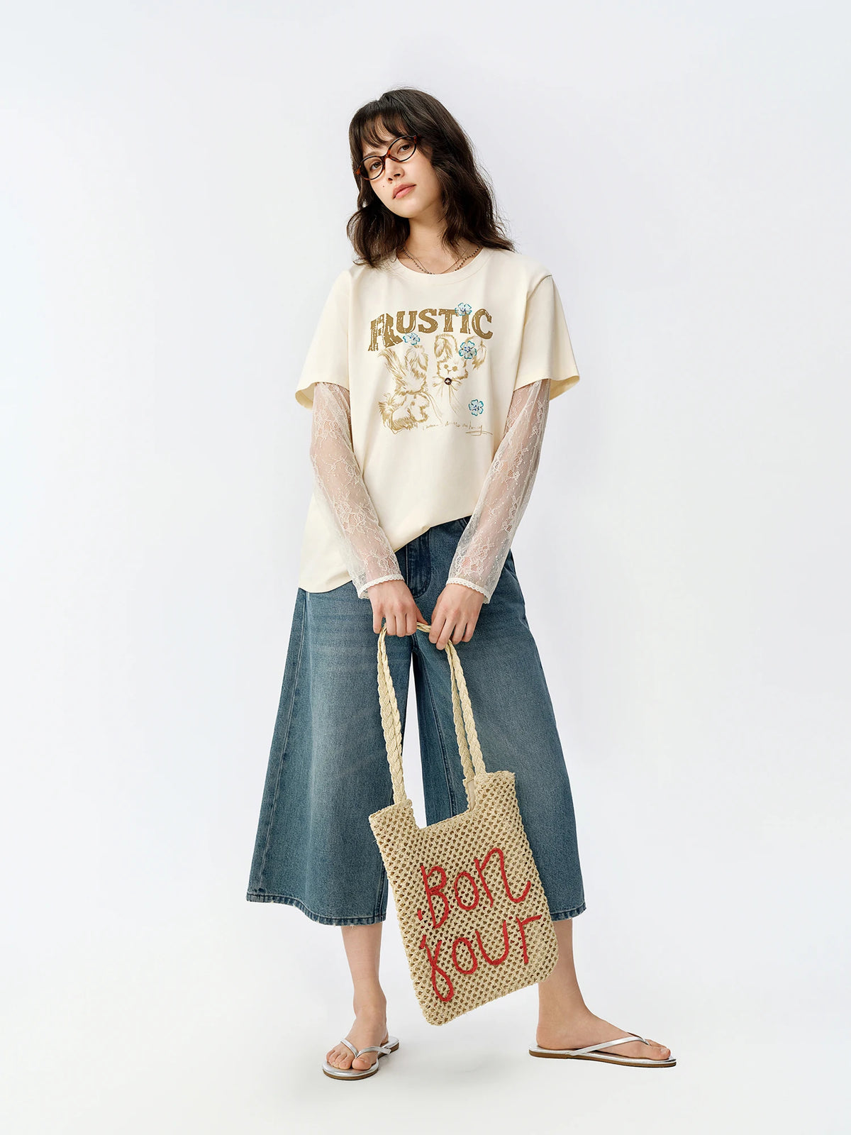 DUSHU Lace Patchwork Faux Two-piece Long Sleeve T-shirt Women Cartoon Printed Autumn 2026 Fashion Loose Top Leisure Designable