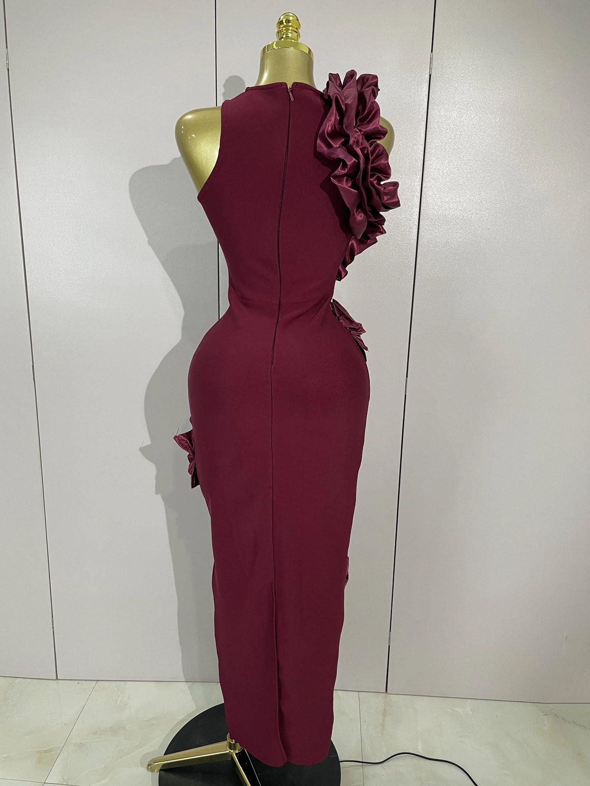 Women 3D Flowers Sexy Sleeveless Wine Red Long Bodycon Bandage Dress Knitted Celebrity Elegant Evening Luxury Club Party Dresses