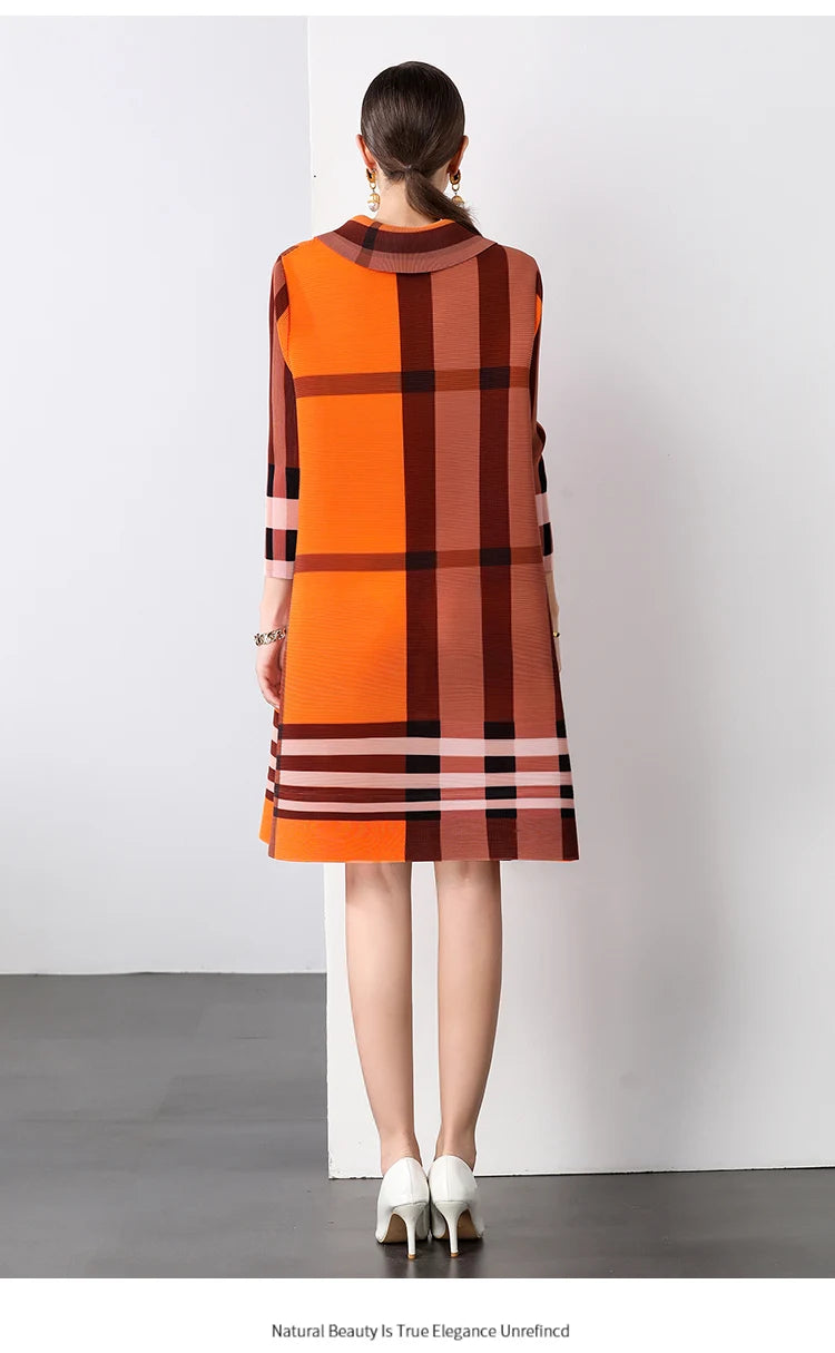 Autumn 2024 Arrival Miyake Fashionable Pleated Dress with Printed Stripes Chic Loose Collar Button Placket Color Locked Design