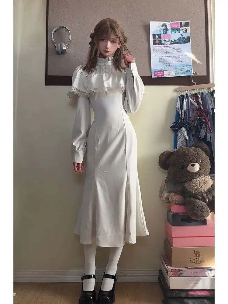 NiceMix Gothic Victorian Cape Lace High Neck Mermaid Dress New Long Dress Elegant Slim Dark Lolita Белое Готическое Платье