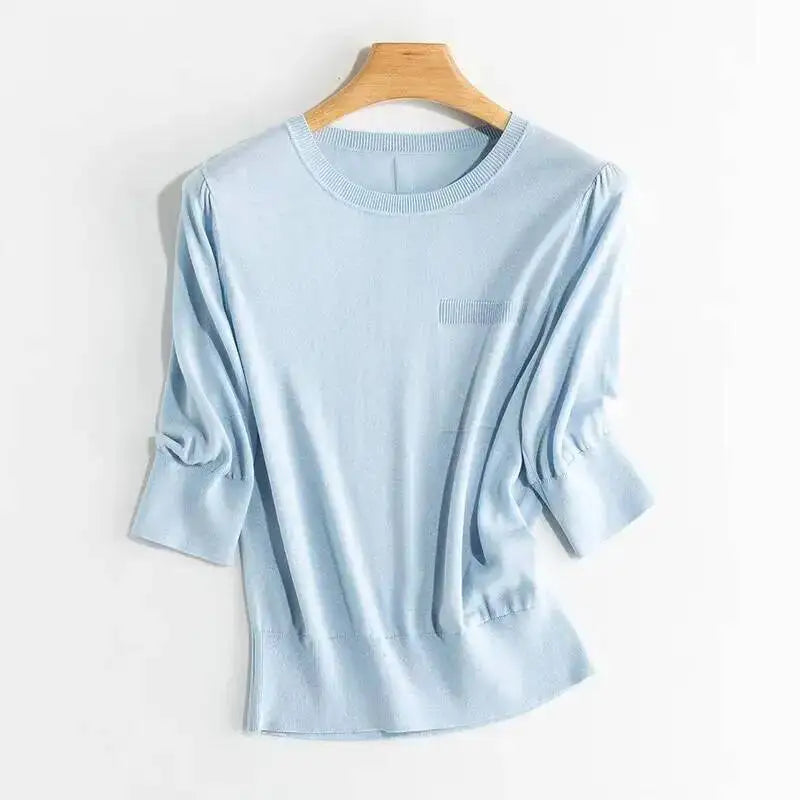 Women 5% Mulberry Silk Knit T-shirt Spring Summer Thin Half Sleeve Knitwear Pullover Tops