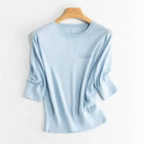 Women 5% Mulberry Silk Knit T-shirt Spring Summer Thin Half Sleeve Knitwear Pullover Tops