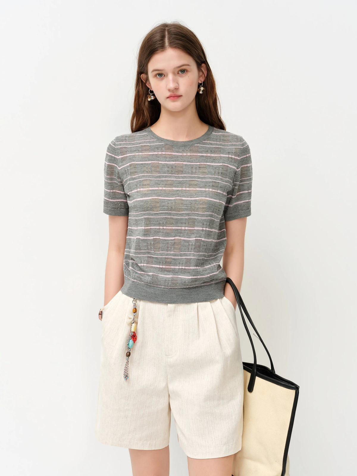 FSLE 2026 Summer Women's Textured Cut-out Round Neck Short Sleeve Knit Top Soft Lightweight Breathable Blouse Elegant Style