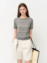 FSLE 2026 Summer Women's Textured Cut-out Round Neck Short Sleeve Knit Top Soft Lightweight Breathable Blouse Elegant Style