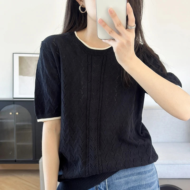 WinvyNee Summer Women‘s T-Shirt 100% Cotton Pullovers Sweaters Top Short Sleeve O neck Solid Knitwears Tops Spring A1002024