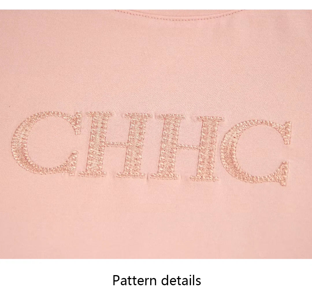 CH Women's Pink Cotton T-Shirt Embroidered Letter Short Sleeve Casual Summer Basic Top