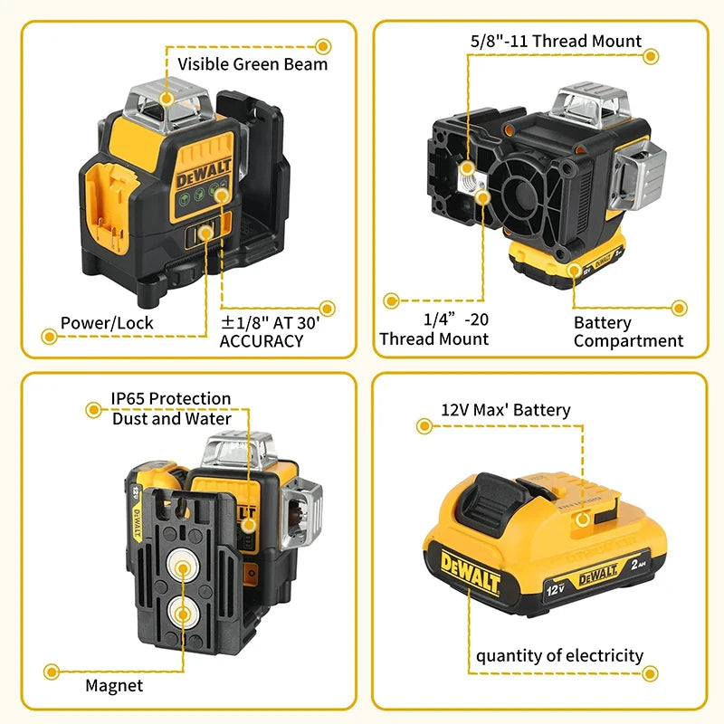 DEWALT DW089LG Lithium Battery Green Laser Level 12 Lines 3 Sides 360°
