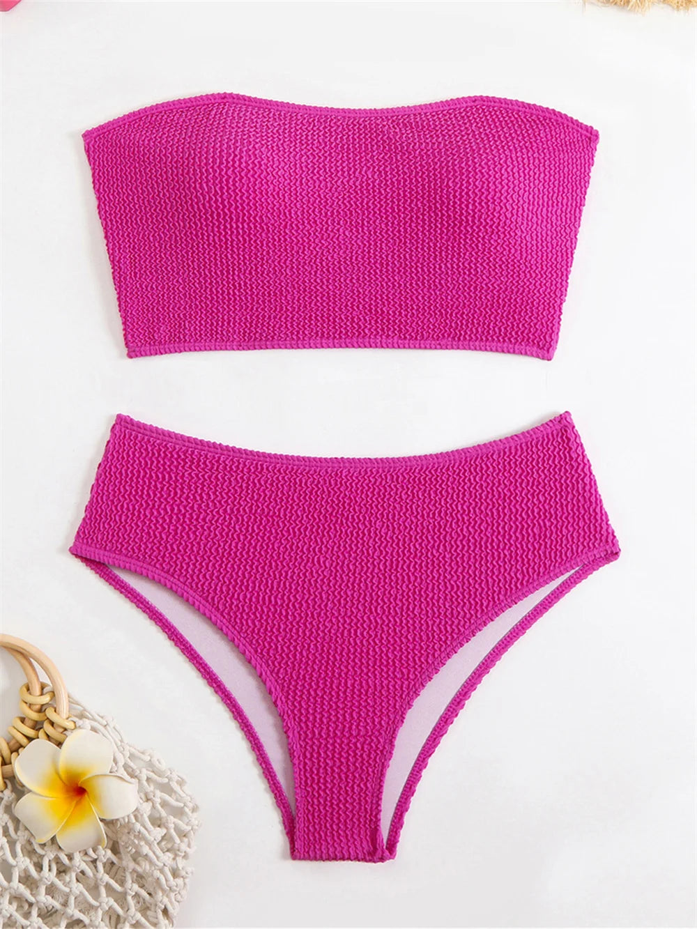 Sexy rosered bikini strapless bandeau swimsuit women vacation swimwear high waist ribbing tankini outfit beachwear swimming suit