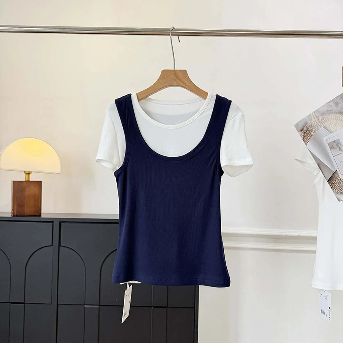 Summer Fake Two Piece t shirts for woman White Lining Splicing Color Casual Fashion Top Trend Camisole T-shirt y2k ropa