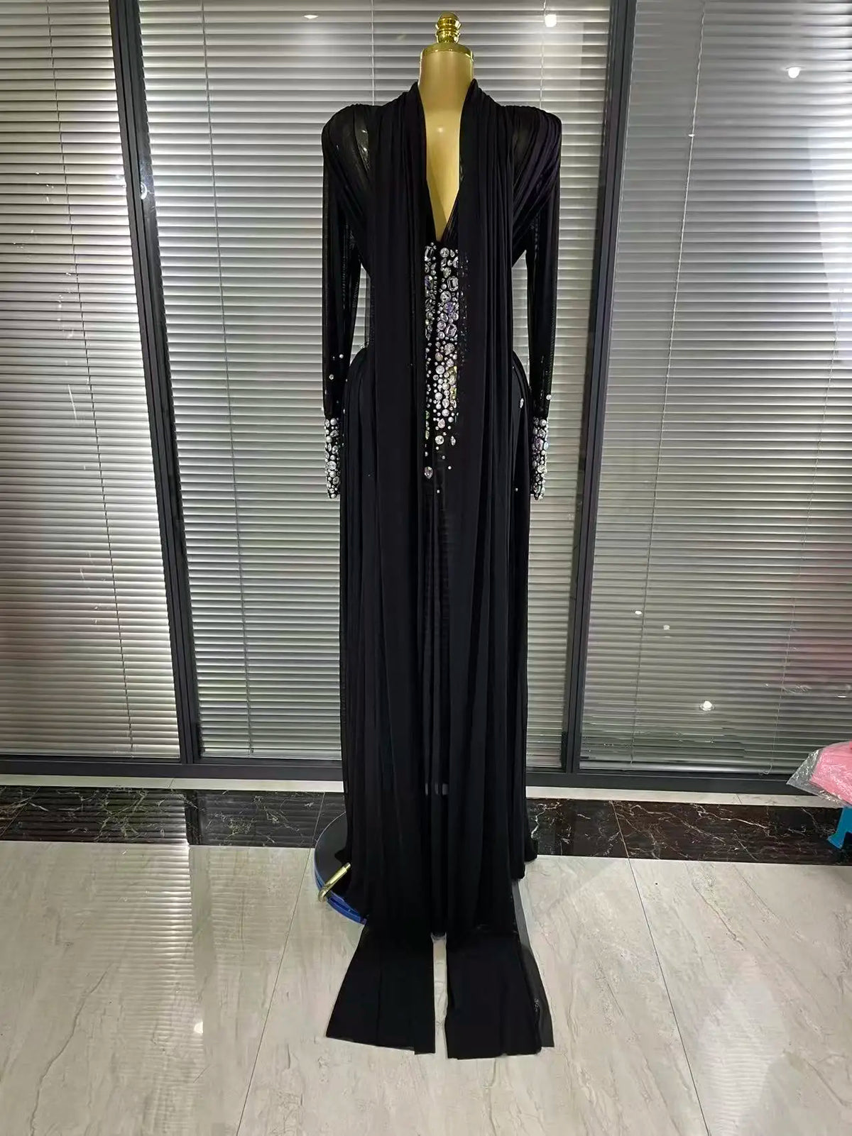 Elegant Rhinestones Long Dress for Women Sexy Mesh See Through Celebrate Evening Prom Birthday Dress Photo Shoot Wear