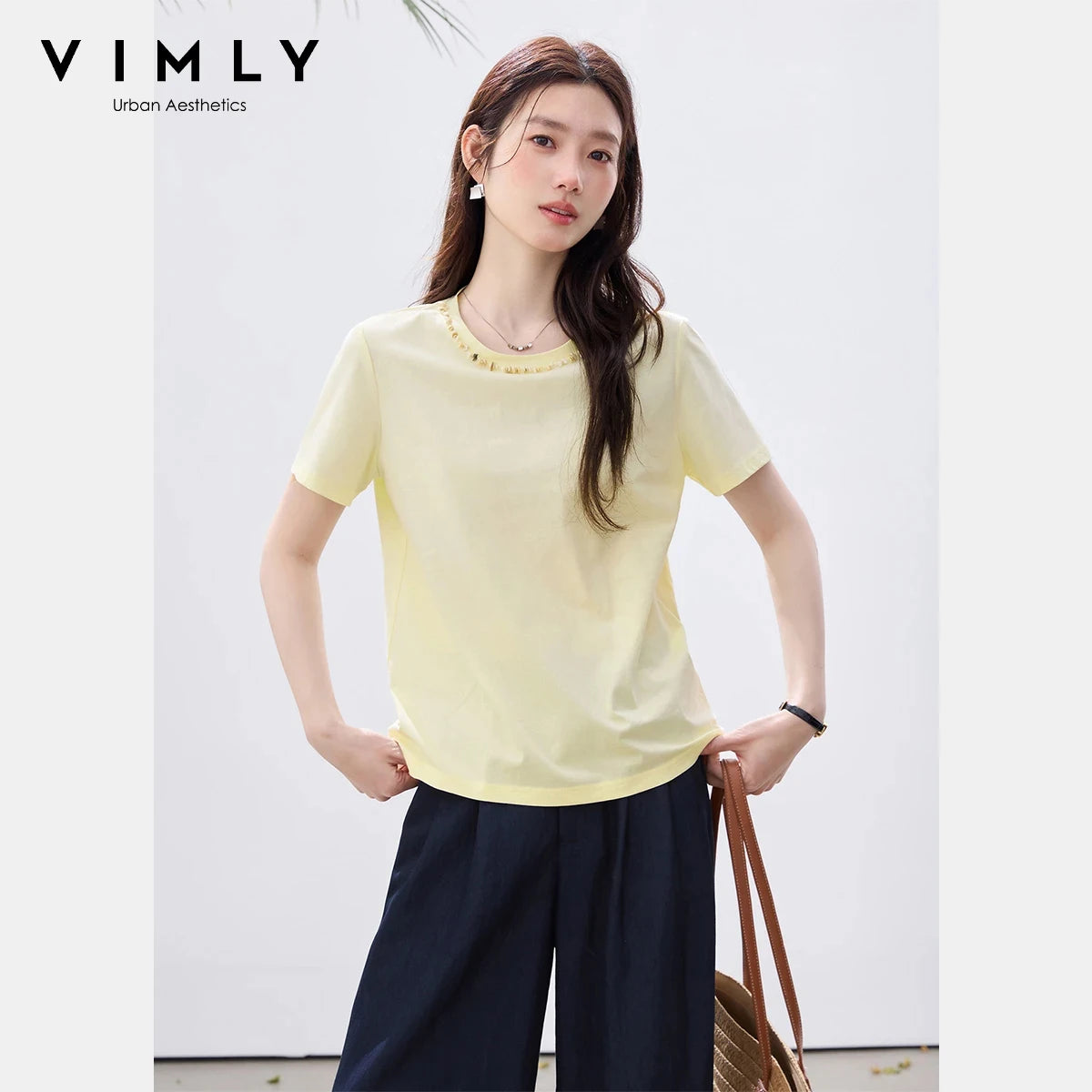 VIMLY Minimalist Office T-Shirt Women 2026 Summer New Fashion Round Neck Shell Beaded 100% Cotton Casual Short Sleeve Top A6050