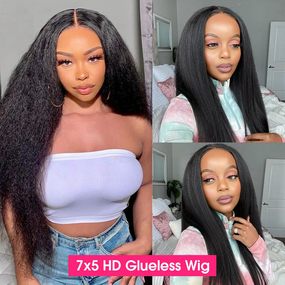 Glueless Kinky Straight Lace Front Human Hair Wig Yaki Straight 13x6 HD Lace Frontal Wig 7x5 HD Transparent Lace Closure Wigs