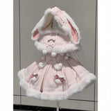 Japanese Lolita Two Pieces Set Women Sweet Patchwork Furry Slip Dress + Sweet Cute Rabbit's Ears Hooded Cape Coat JK Bow Suit