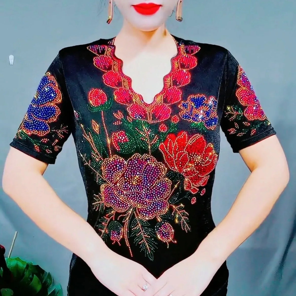 Embroidery Floral T Shirt 2026 Summer Beading Clothes For Women Tees Top Short Sleeve T-shirts for Women