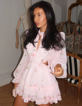 Women Pink Floral Print Chiffon Mini Dress Puff Sleeve Backless Cut Out Waist Tiered Ruffle Hem Dresses 2026 Casual Party Gown