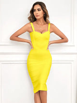 BEAUKEY Sexy Vintage Quality Evening Yellow Bandage Dress 2023 Women Summer Blue Midi Cross Dress Bodycon Party Ladies Vestidos