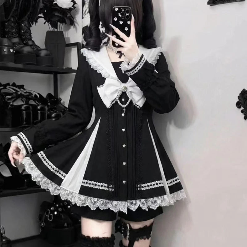 Japanese Gothic Y2k Lolita Style Bow Dress Shorts Set Women Elegant Lace Long Sleeve Button Shirt Party Dresses Slim Mini Dress