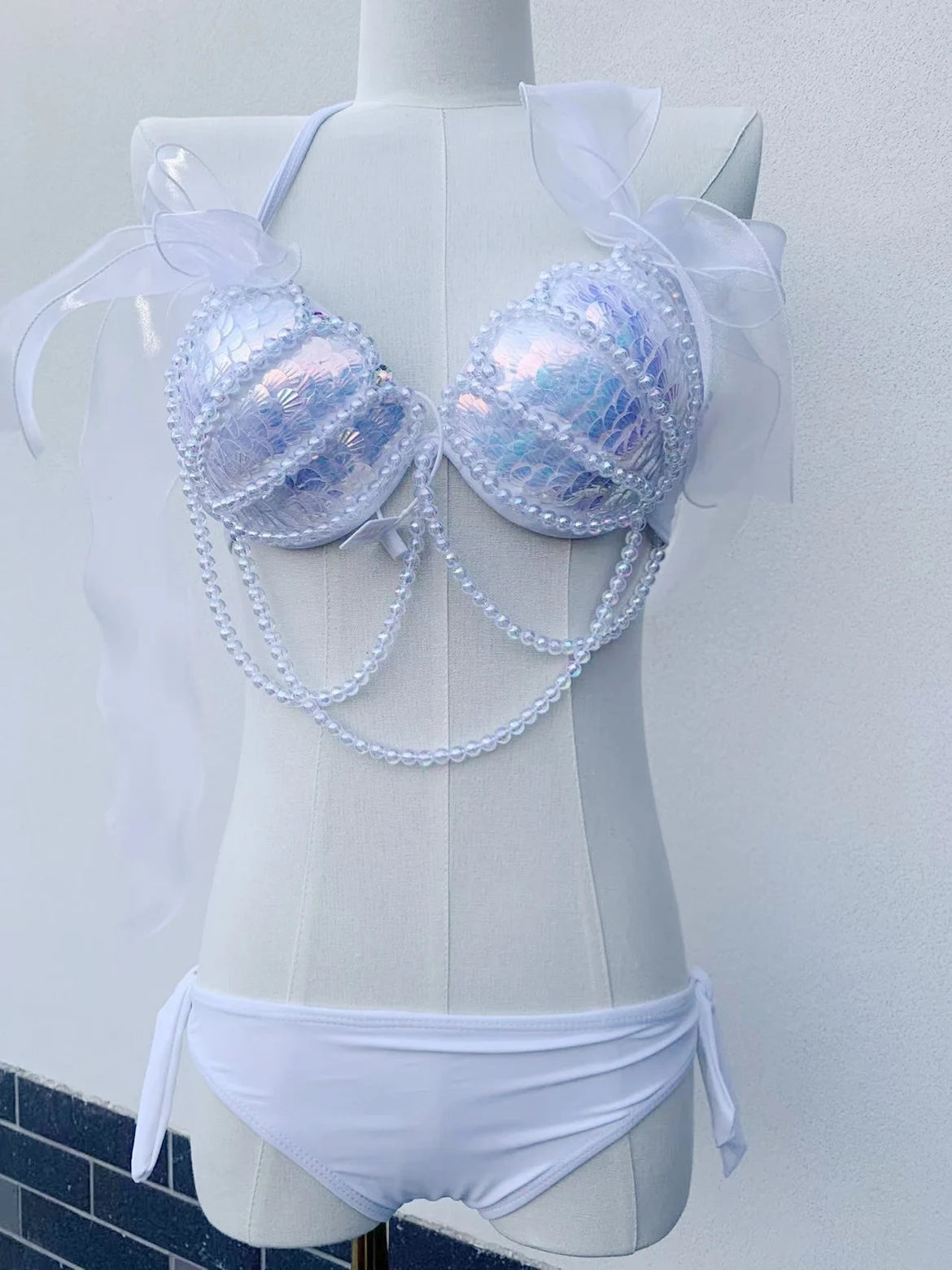 Bikini Mermaid Role Play Bra Aquarium Beach Corset Sequin Triangle Lace Up Bra Mermaid Performance Bra