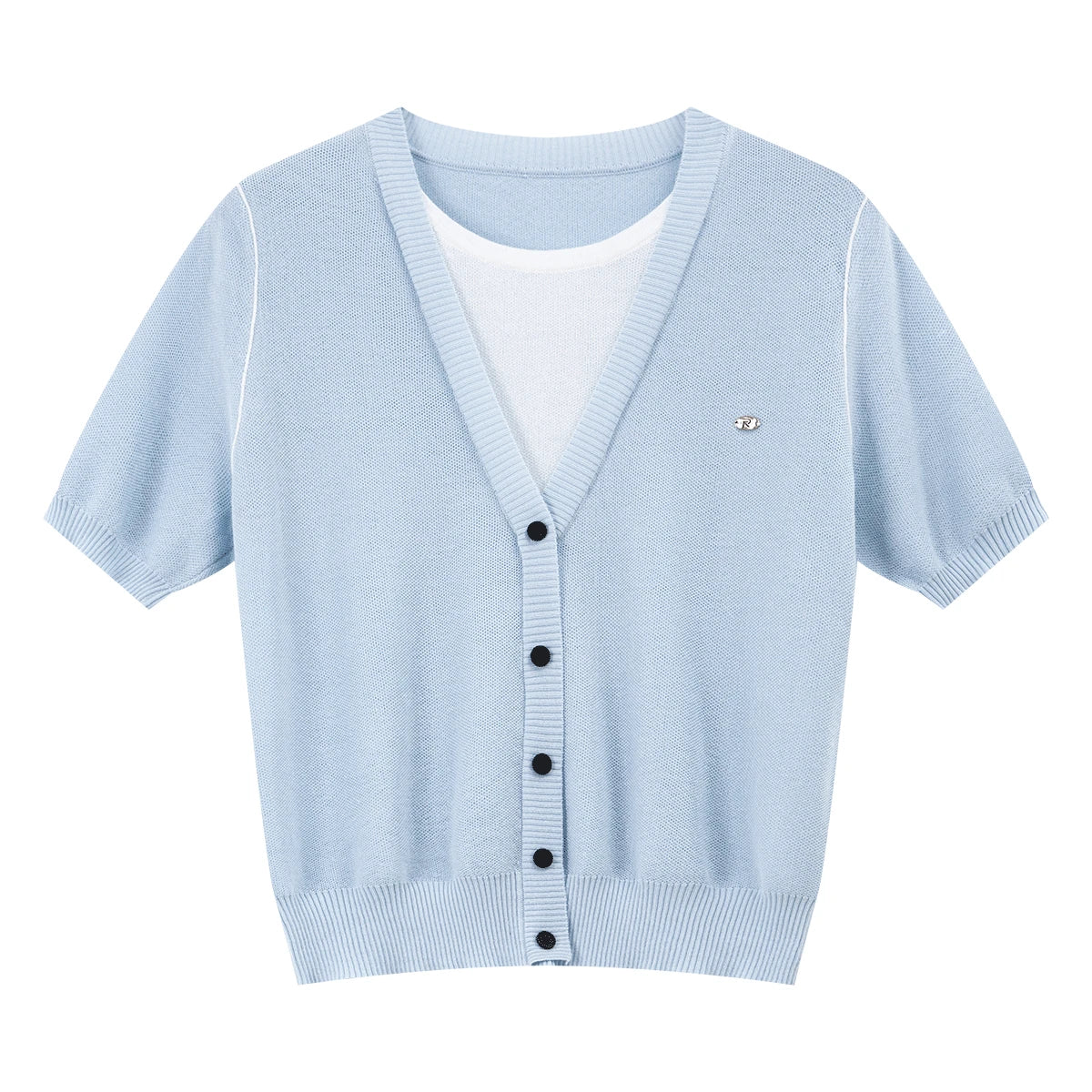 VIMLY Women's Office 2 in 1 Knit T-shirt 2026 Summer New Light Blue Fashion Casual Contrast Color Design Short Sleeve Top 30932