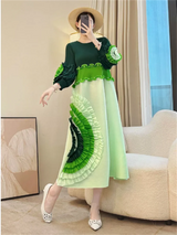 Miyake Tie Flower Design Women's Pleated Dress O-neck Long Sleeve Colorblock Patchwork Chic Beading Loose Famale Clothes