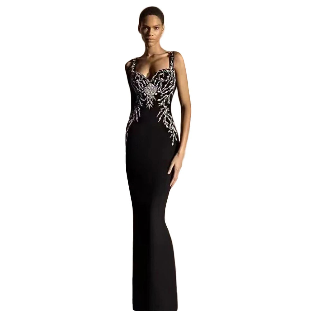 Women Elegant Beading Bandage Dress Spaghetti Strap Bodycon Clothes Club Party Evening Dresses