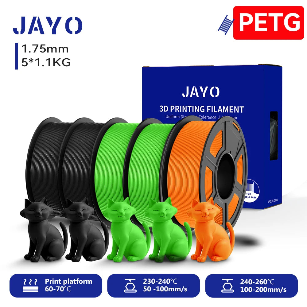 JAYO 3D PETG/PLA/PLA PLUS Filament 1.75mm PLA Filament 5 Rolls For Bambu FDM 3D Printer Neatly Wound 3D Printing Material for 3d