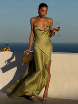Sexy Satin Ruffles Sling Long Dress Women Ribbon Sleeveless Backless Split Dresses Lady 2026 Summer New Party Club Robes