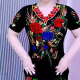 Embroidery Floral T Shirt 2026 Summer Beading Clothes For Women Tees Top Short Sleeve T-shirts for Women