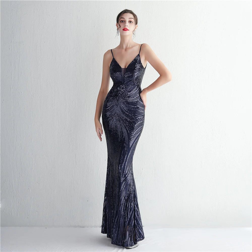 HBLL Women Strap Party Maxi Dress Sexy V Neck Evening Dress Celebrity Purple Sequin Dress Long Prom Formal Occasion Dress