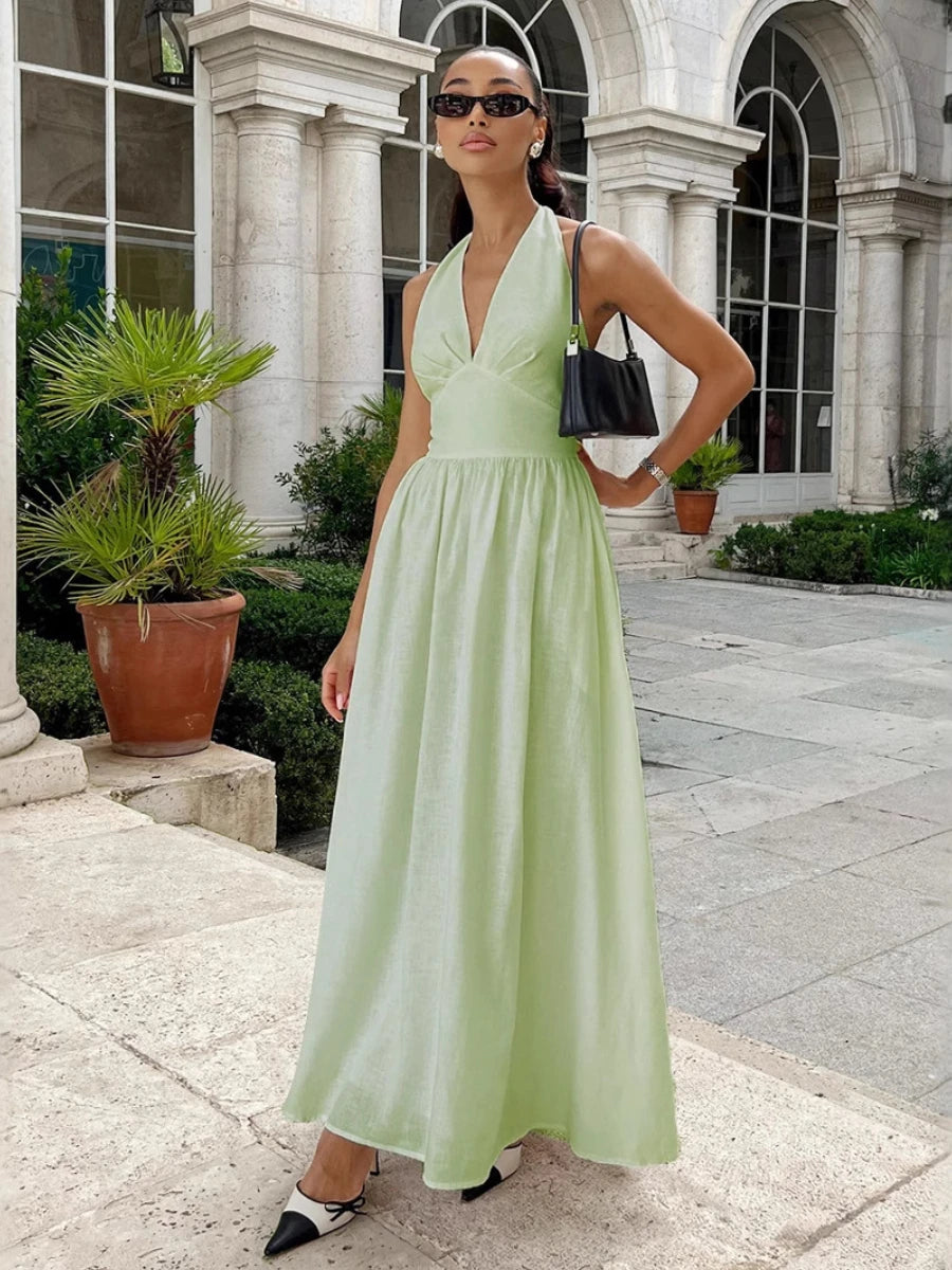 Bornladies Spring Summer New Women's Cotton Camisole Dress Female Waist Cinched V-neck Long Dress Fashionable Oversized Dress