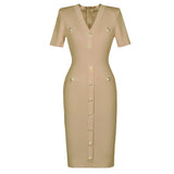 2025 Spring/Summer New Fashion Knitted Elastic Short Sleeve Solid Color Gold Button Slimming Style Commuter Women's Dress