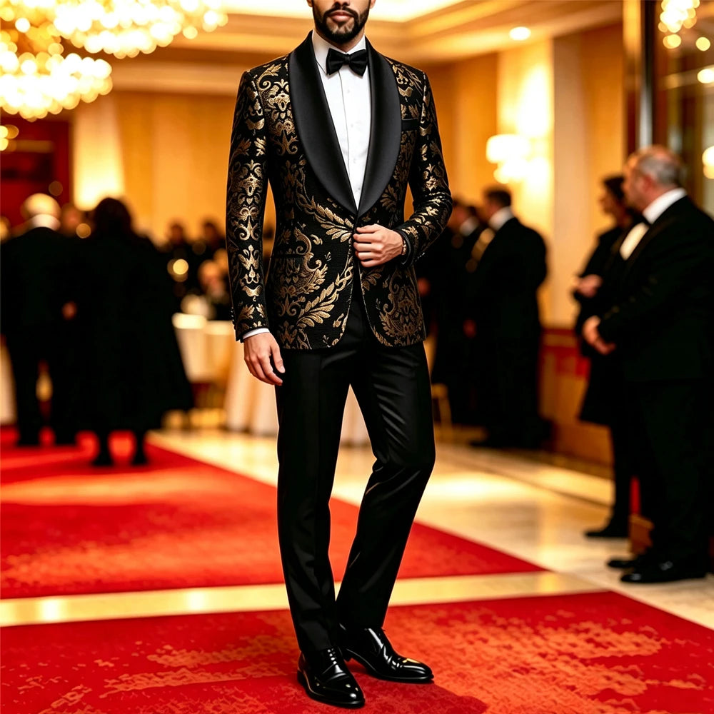 Men Black Gold Floral Jacquard Blazer Black Satin Shawl Lapel Slim Fit Jacket Wedding Groom Tuxedo For Party Prom