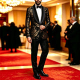 Men Black Gold Floral Jacquard Blazer Black Satin Shawl Lapel Slim Fit Jacket Wedding Groom Tuxedo For Party Prom