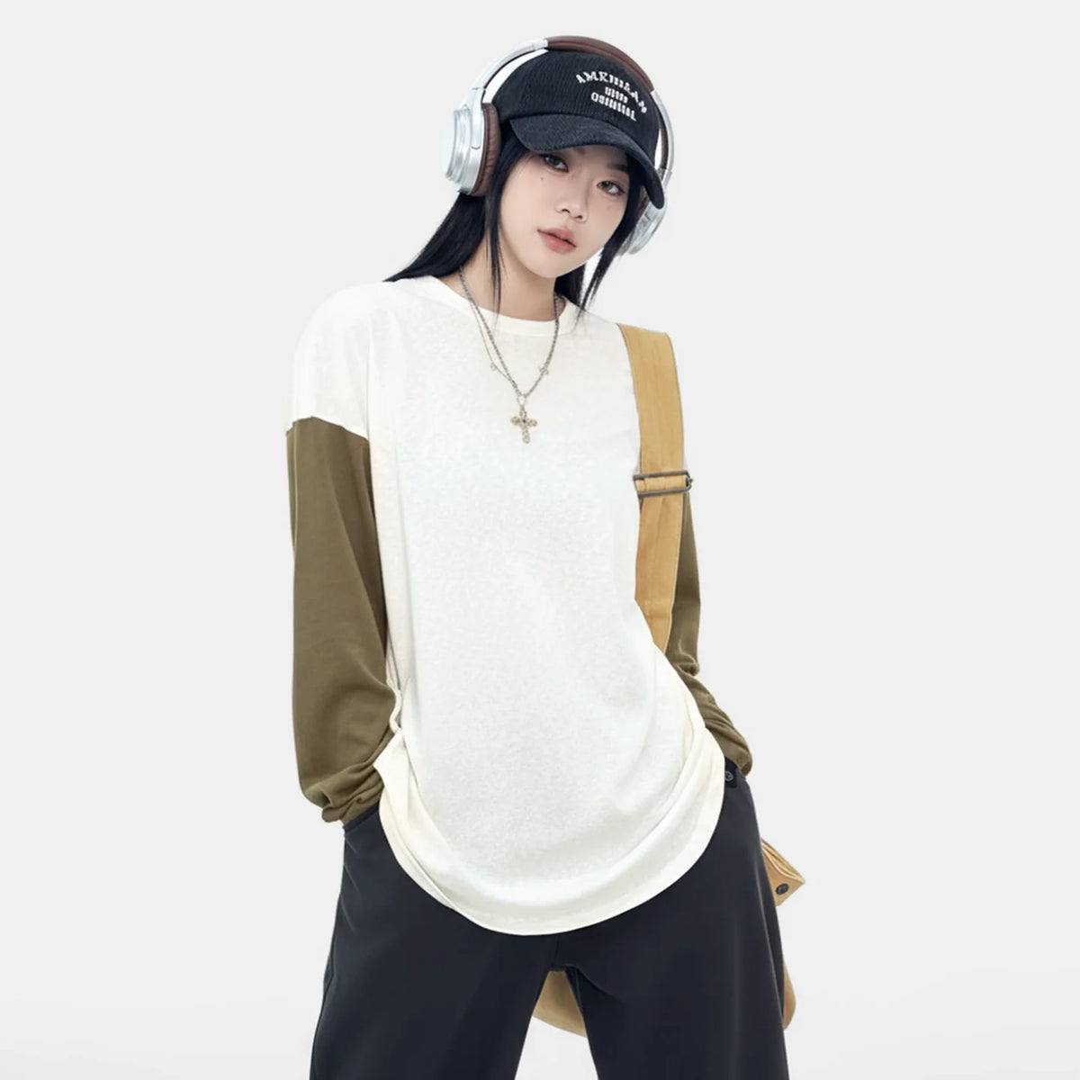 Maden Women's Lightweight Color Block Long Sleeve T Shirt Loose Fit Casual Crewneck Layering Spring Ivory Top