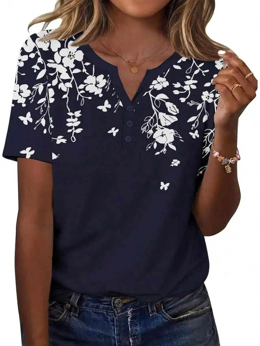 Womens Casual Short Sleeve V-Neck Floral Print Top